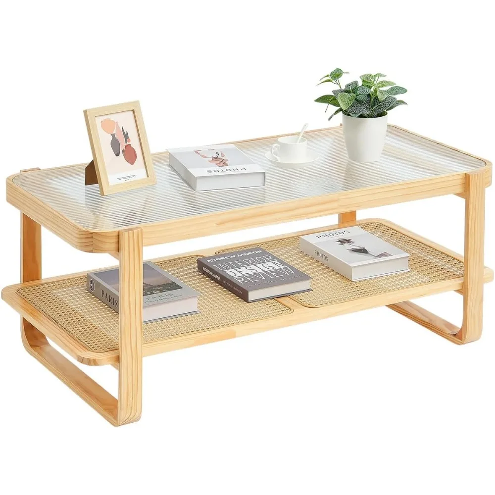 Mesa de centro de vime, mesa de centro retangular de madeira tecida com tampo de vidro temperado, mesa de centro moderna de armazenamento Boho de 45 polegadas