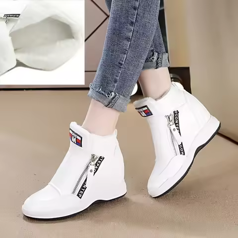 Platform Sneakers Women Casual Shoes New 2025 Spring High Top Wedge Shoes For Women Sneakers White Ladies Shoe Zipper