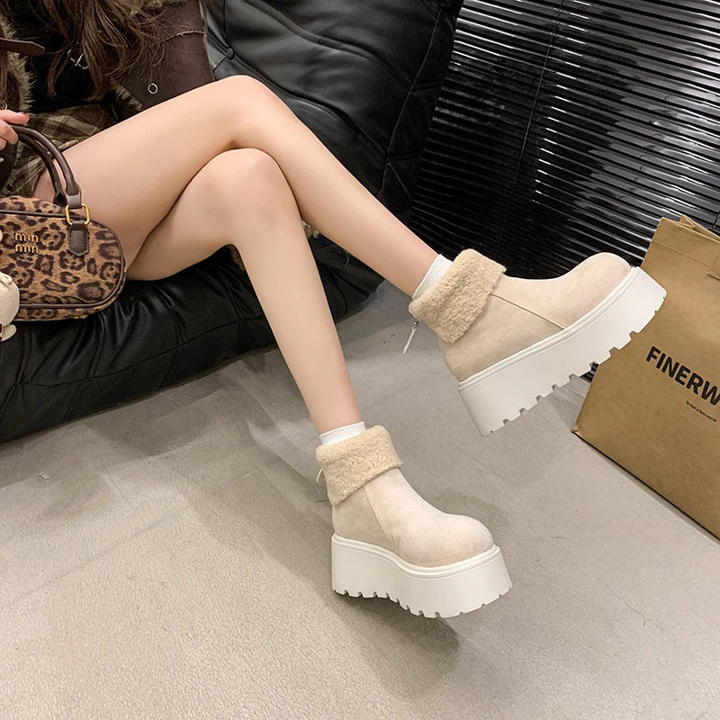 

Новые зимние женские зимние ботинки на толстой подошве с бисквитом, плюшевые короткие зимние ботинки, уличные теплые короткие ботинки