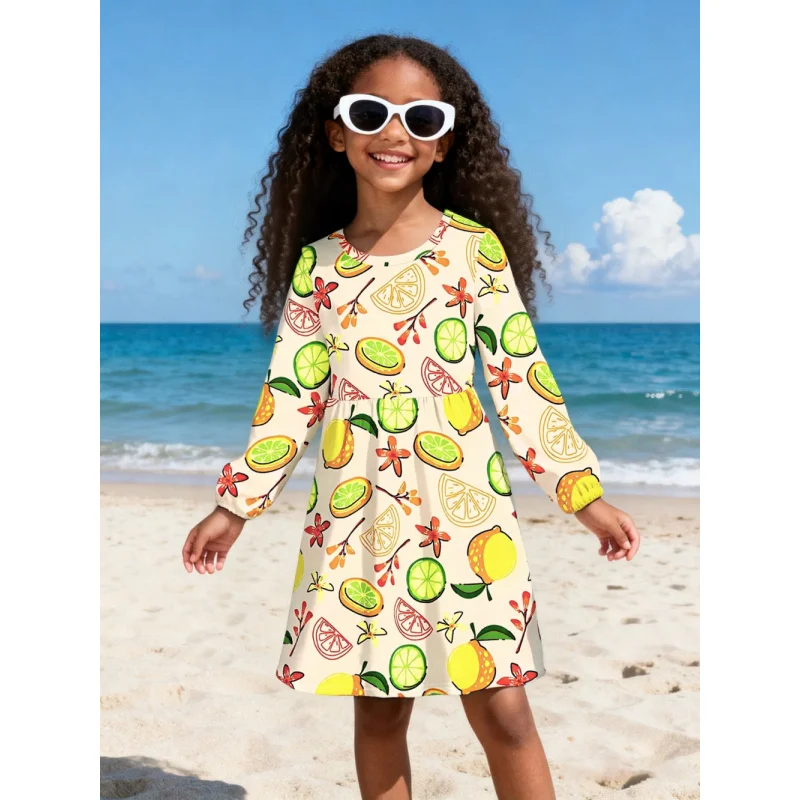 

2026 Girls' Lemon Citrus Print Long Sleeve Dress Fresh Fruit Pattern Casual Vacation Dress