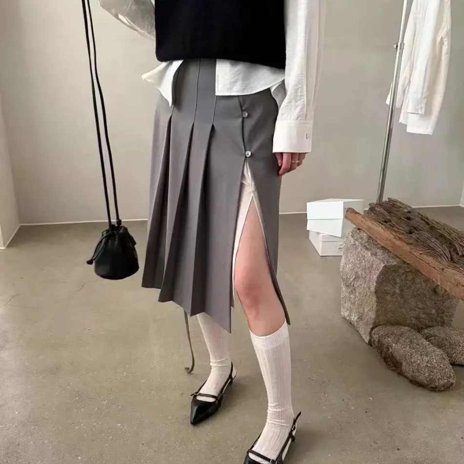 

Slimming Pleated Skirt High Waist Asymmetrical Design Busin Casual Sle Ci Commute Suitable Side Slit Midi Skirt