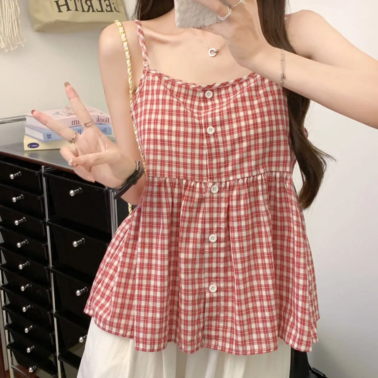 سترة نسائية صيفية جديدة بتصميم مربعات وأزرار، ضيقة ومريحة، أنيقة وعصرية، قصيرة الطول بإغلاق زر واحد