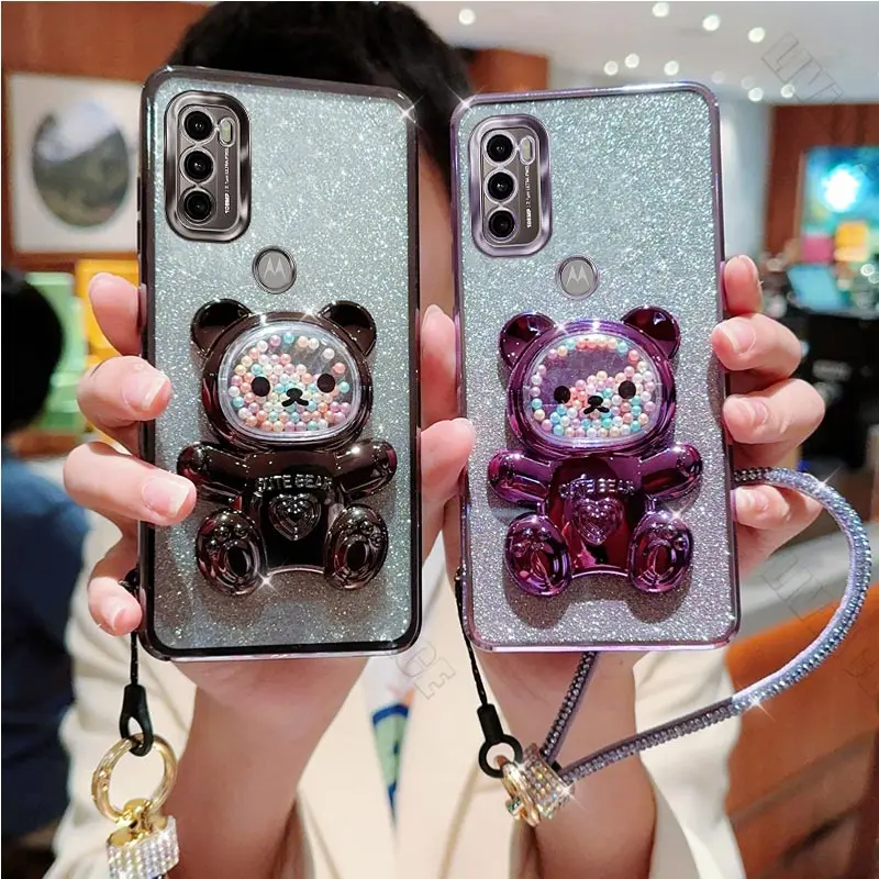 Diamond Strap Glitter Bear Holder Case For Motorola Moto G60 G60S G50 G52 G53 G54 G73 G84 G40 G42 Fusion 5G 2021 Stand Cover