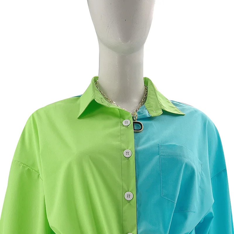 قمصان نسائية صيفية مرقعة ذات جيوب ملونة ملابس نسائية أكمام طويلة بأزرار شورت بوسط عالي طقم مكون من قطعتين غير رسمي عصري