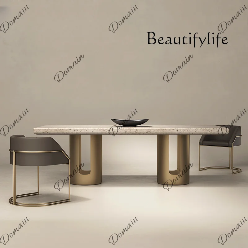 35 N Natural marble dining table stainless steel light luxury rectangular simple modern high-end villa home dining table