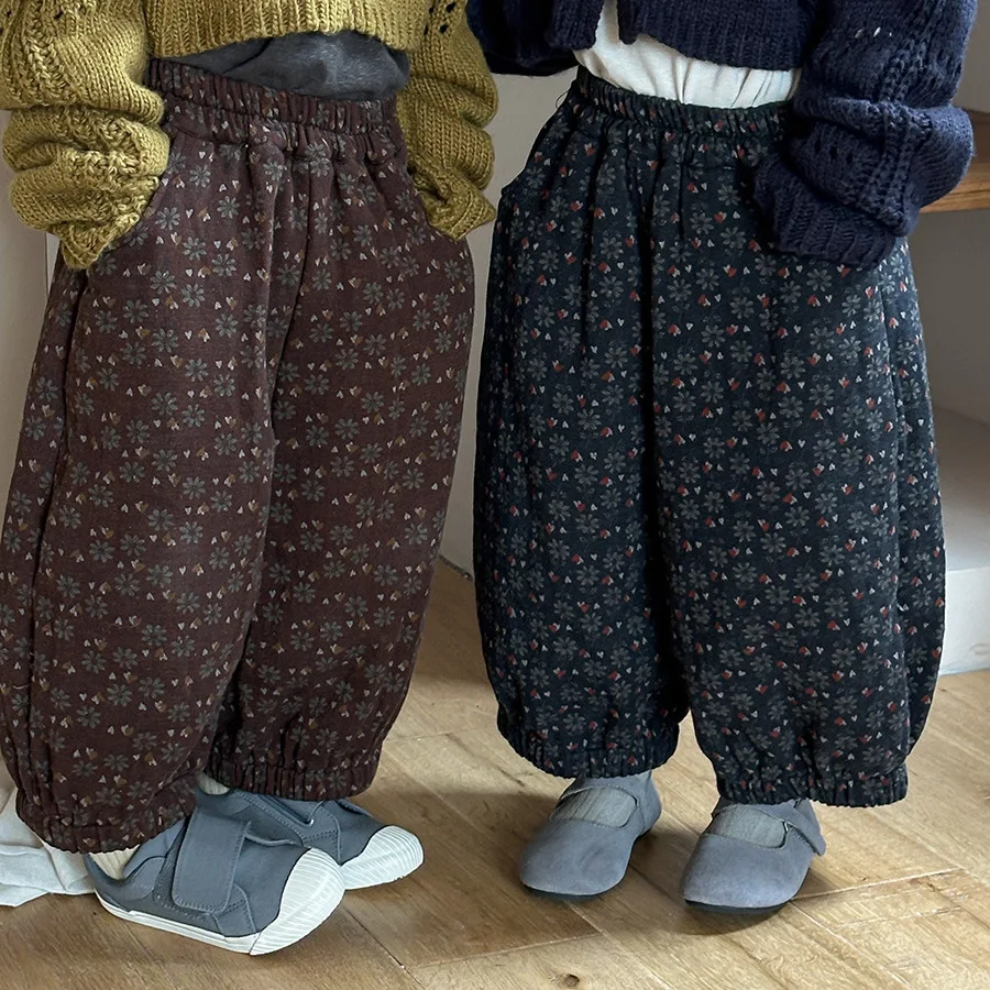

Fall 2025 Kids Floral Print Wide-Leg Pants Bloomers Vintage Loose Cotton Trousers for Children Boys Girls Age 1-8 Years