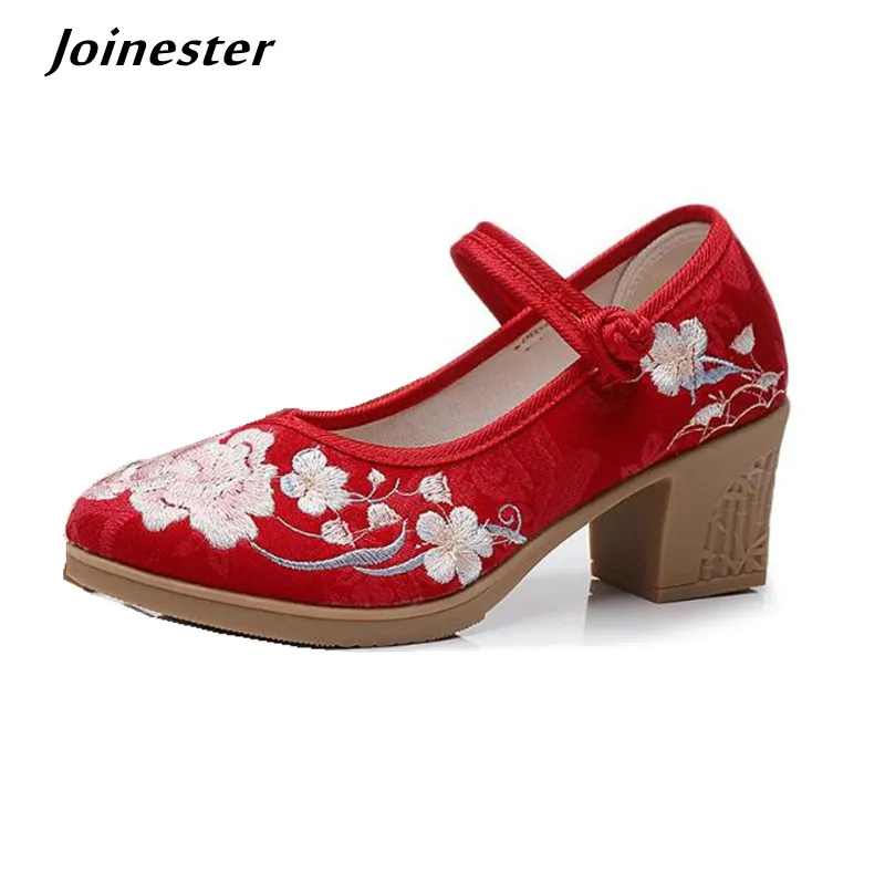 Vintage Embroider Ankle Strap mid Heel Mary Jane Pumps for Women Ethnic Cheongsam Style Bridal Wedding Shoe Lady Dress Footwear
