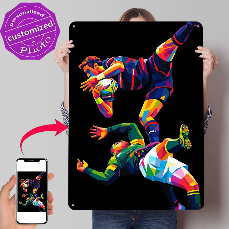 Rugby Players in Dynamic Pop Art Style Metal Poster Customized Wall Art Retro Vintage Metal Signs for Man Cave Home Decor Items