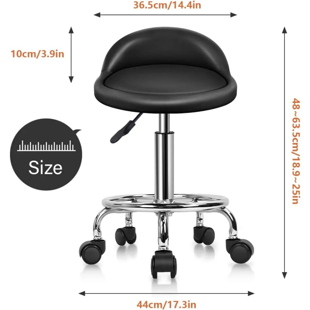 PU Leather Round Rolling Stool with Foot Rest Height Adjustable Swivel Drafting Work SPA Task Chair with Wheels