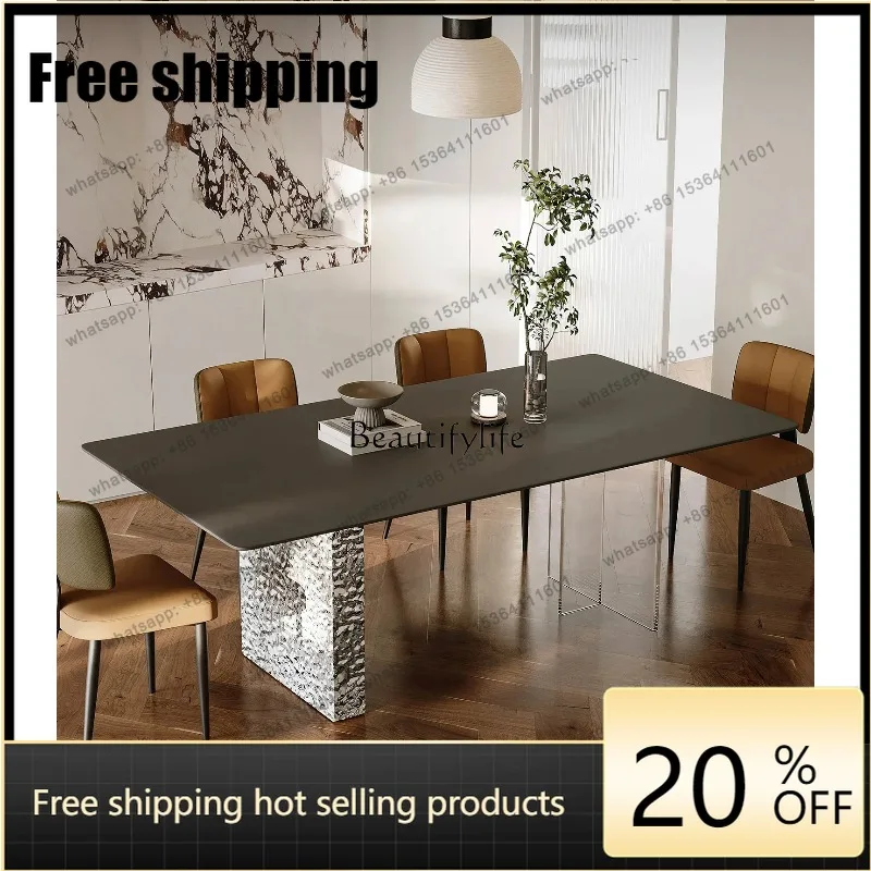 HJ Italian Suspension Stone Plate Dining Table Minimalist Stainless Steel Water Ripple Rectangular Acrylic