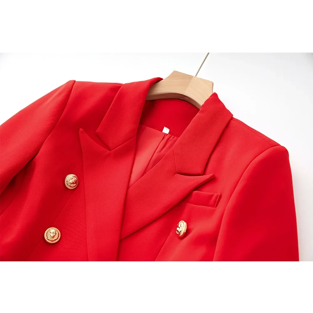 Elegant 2-Piece Suit Red Jacket Long Sleeve Top B Button Skirt European And American Style Double Row Buttoning Ladies Outfit