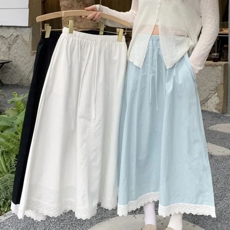 Women's Lace Trim Maxi Skirt, Elastic Waist Drawstring Flowy Long Skirt, Casual A-Line Summer Skirt In White and Light Blue
