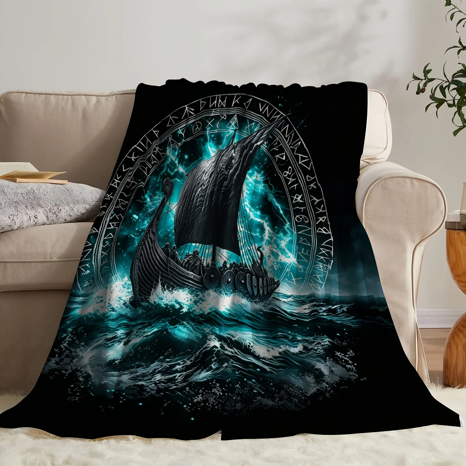 Glowing Teal Lightning Viking Longship Rune Circle Print Flannel Blanket, Soft Warm Bed Blanket for Sofa Bedroom Camping Nordic