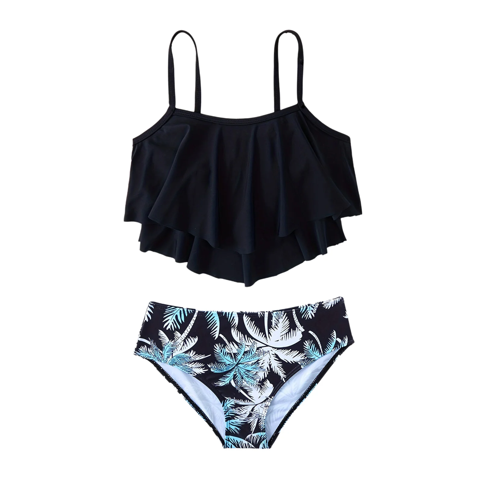 

Girls Vacation Swimsuit Black Multi-ruffled Halter Swimwear Tropics Print Shorts Bottom Outfit Summer Cute Bikini Bathing Suit