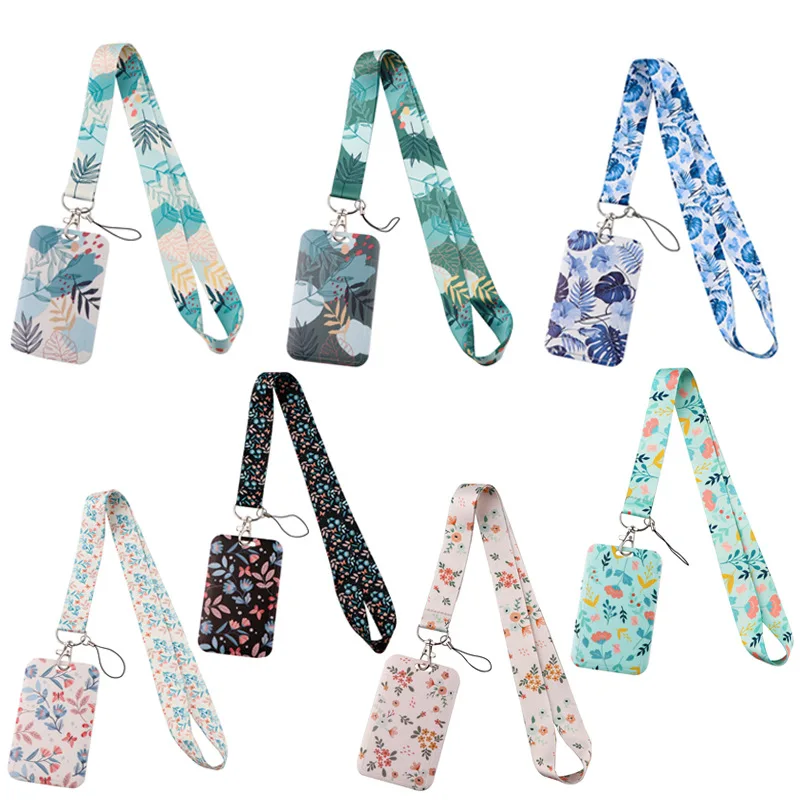 1 Set Fresh Leaves Flowers Series ID Card Holder Neck Strap Women Work Bus Bank Credit Card Hard Case Keychain Anti-loss Lanyard