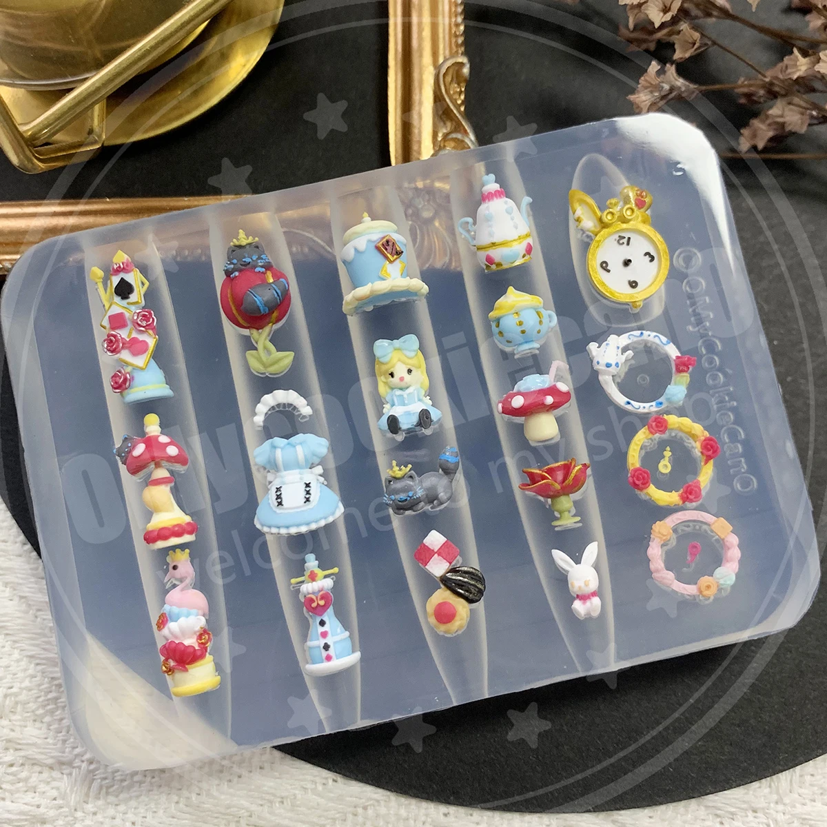 Super delicate, Alice in Wonderland themed full-transparent silicone nail mold, tea party theme.
