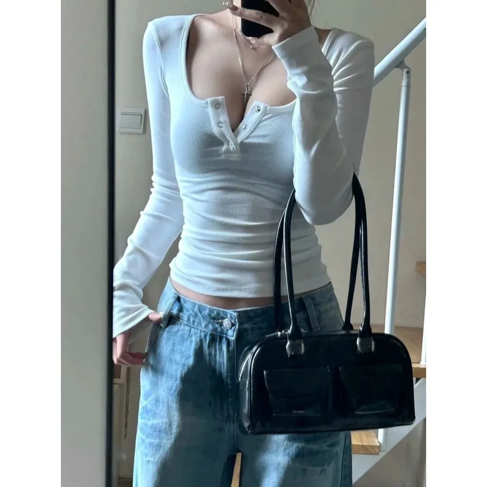 

Harajuku Sexy Long Sve T-irt Women's Skinny Y2K Clot Cleanfit Sle Ladies' Faionable Linen Material A-Line Sve