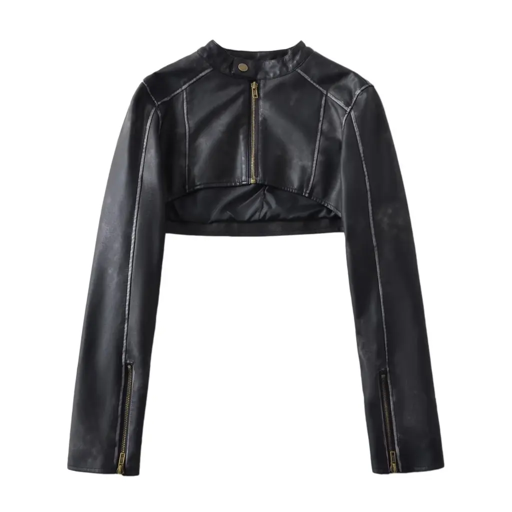 Casaco retrô de couro PU ultracurto lavado para mulheres outono inverno novo estilo atacado W223316