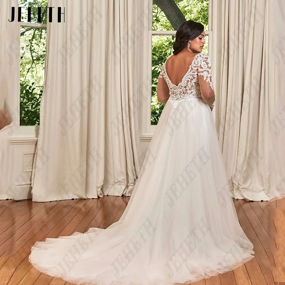 JEHETH Classic Long Sleeves Wedding Dresses For Woman Sexy Backless V-Neck Plus Size Bride Gown A-Line Applque vestidos de novia