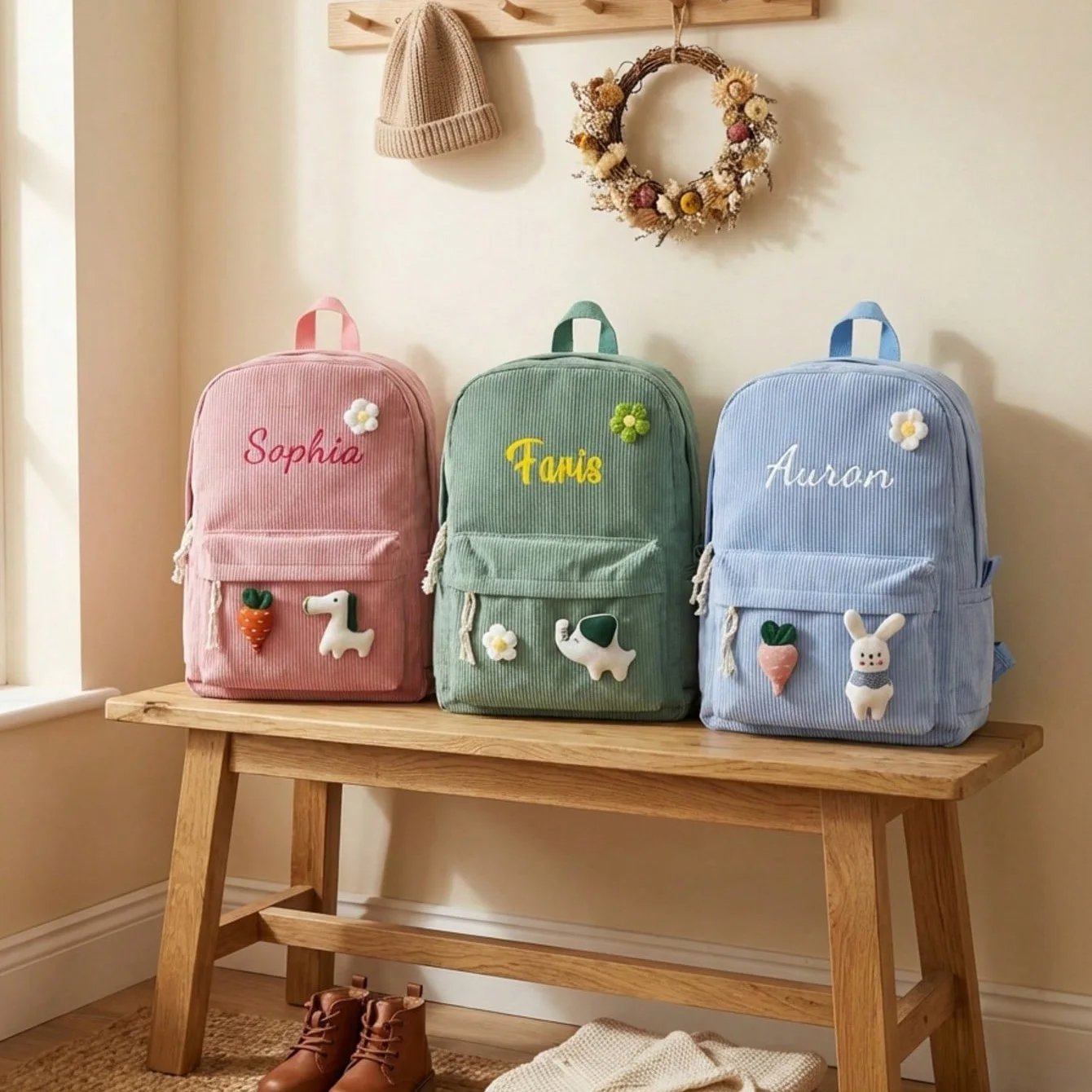 Mochila infantil de veludo cotelê com nome personalizado e bordado |   Amuleto de boneca de pelúcia, ideal para uso diário e presente