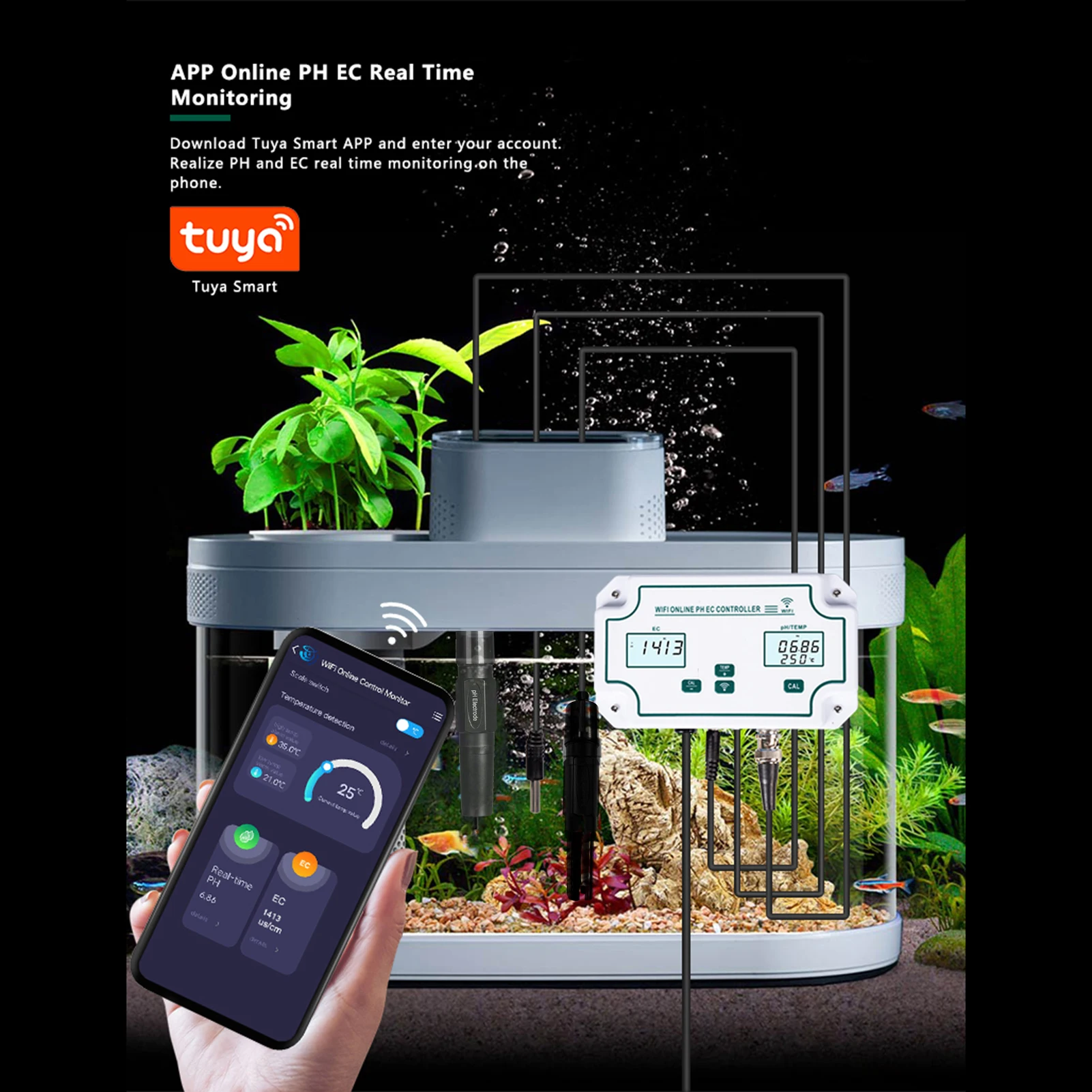 3-in-1 WiFi Water Quality Detector PH/EC/TEMP Electrode BNC Type Probe Water Quality Tester for Aquarium Hydroponics Monitor