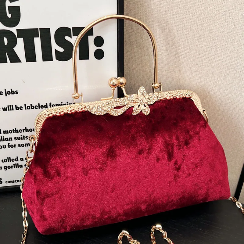 Luxury Female Velvet Messenger Bags Vintage Women Rhombic Lattice Evening Clutch Wedding Party Bride Flock Purse And Handbags