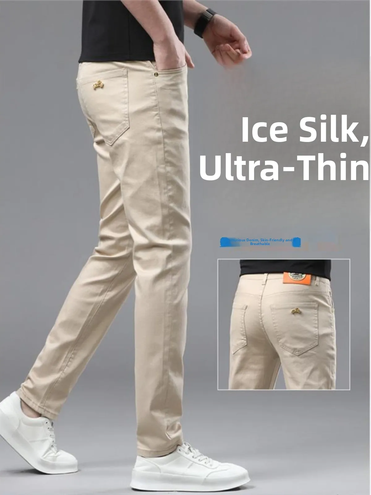

Slim Fit Summer Thin Ice Silk Men's Jeans Khaki Color Youth Faion Cotton Elastane Denim mid Waist Long Trousers