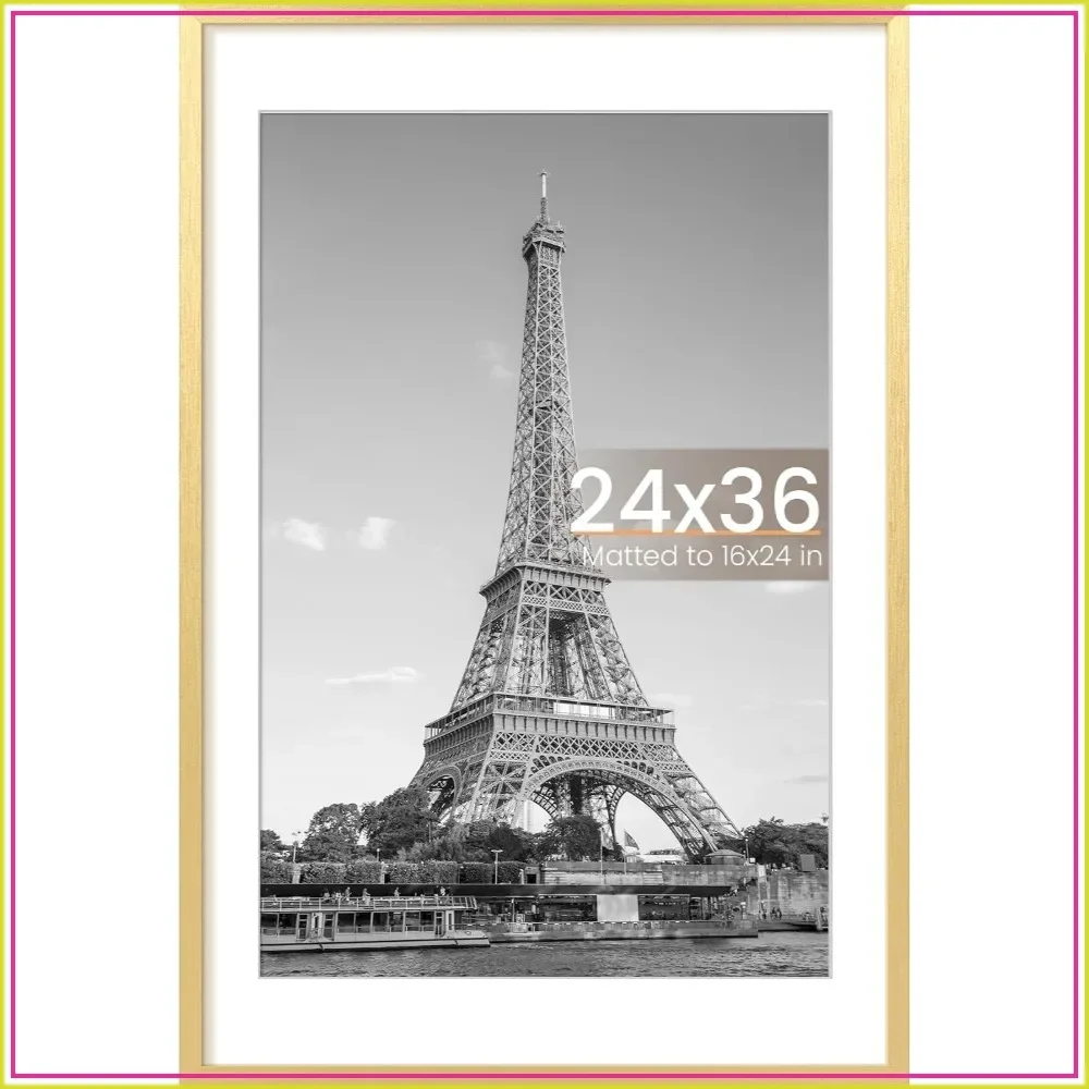 24x36 Poster Frame Gold, Double Size Design for 20x30 with Mat or 24x36 Without, Wall Decor, Sturdy & Clear View