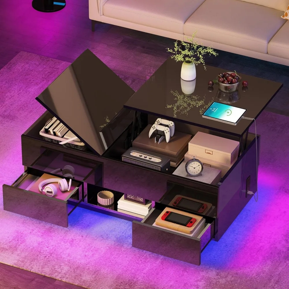 

Led Lift Top Coffee Tables With Power Outlets Charging Station For Living Room, Modern Coffee Table With Storage 2 Drawers And