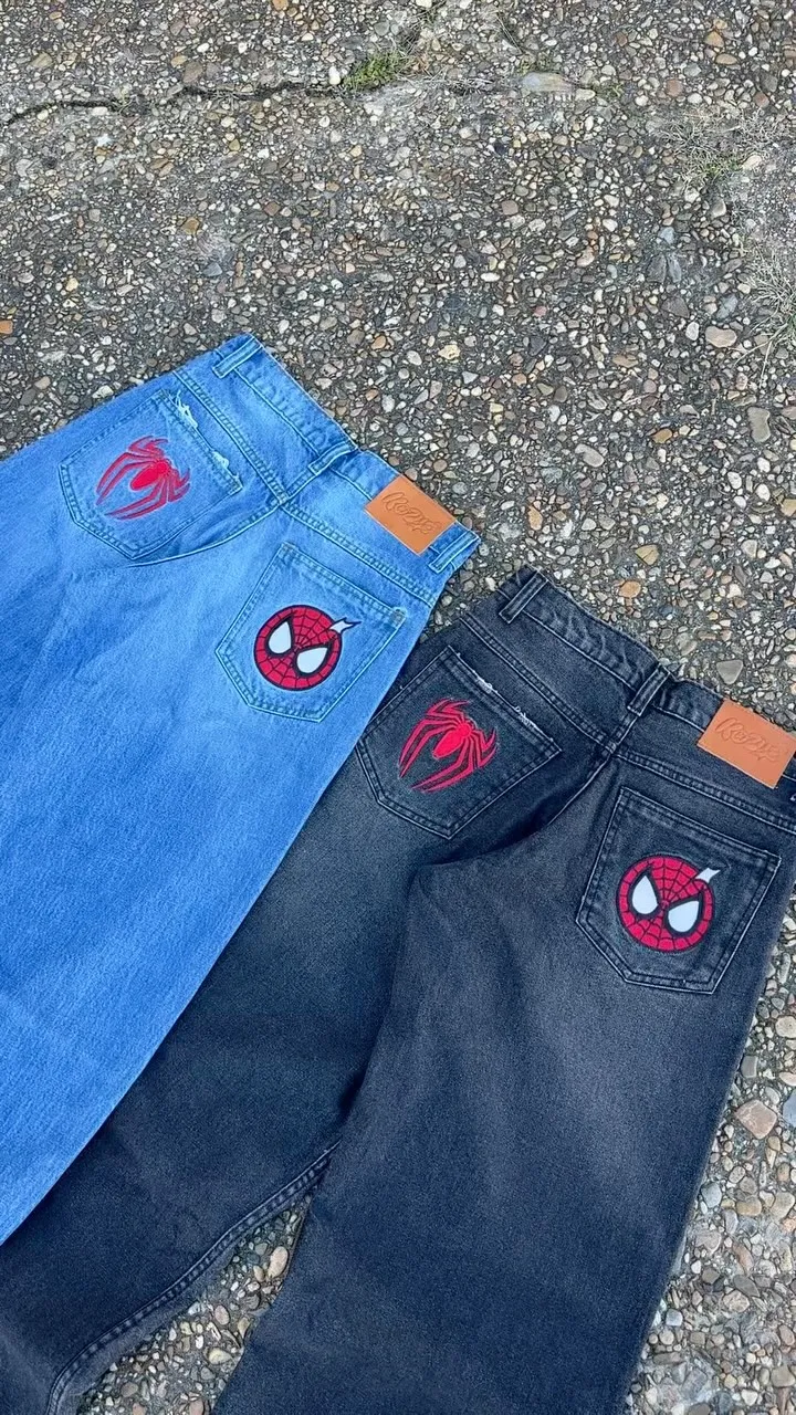 American Spider Jeans Y2K ropa para hombre mujer Harajuku Hip Hop dibujos animados Retro azul pantalones vaqueros holgados pantalones de pierna ancha de cintura baja