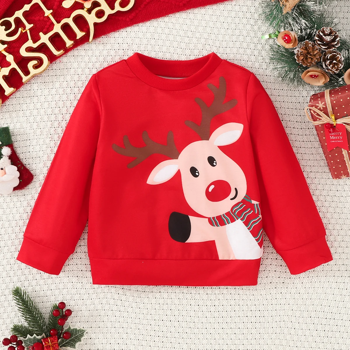 Baby Kids Christmas Clothing Cute Reindeer Print Long Sleeve Pullover Tops For 4-7 Years Baby Boys Xmas Holiday Casual Clothes