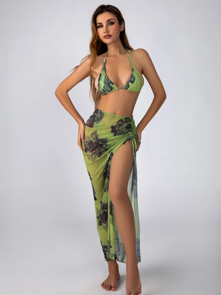 

Retro Bikini Printed Fashion 3 Piece Swimsuit And Cover Up With Skirt Tight Women's Bandage Summer Beach Luxury Elegant