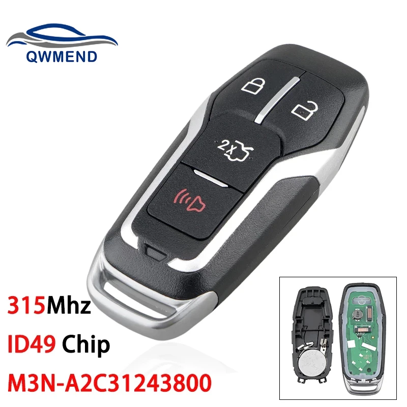 QWMEND M3N-A2C31243800 for Ford Key 4 Buttons Remote Key for Ford Fusion Edge Explorer Mustang Smart Car Keys 315Mhz ID49 Chip