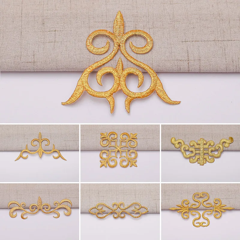 Gold Silver Embroidered Flower Patches DIY Iron Sewing On Wedding Clothes Dress Applique Baroque Fabric Badge Needlework Decor