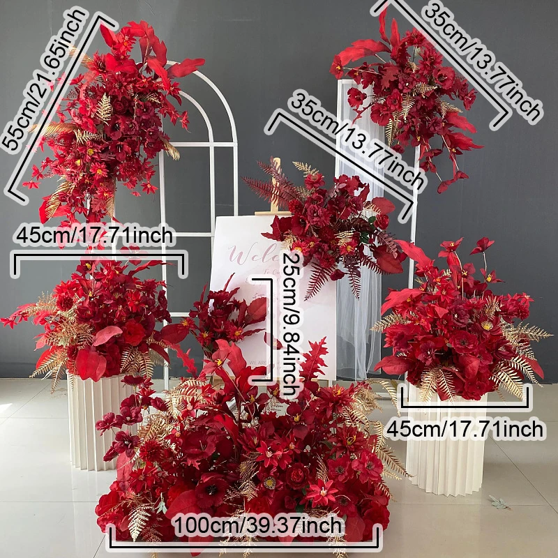 الاصطناعي الأحمر روز الذهب ورقة النبات الجدار الشنق زهرة صف الزفاف خلفية ديكور ترتيب الطريق الرصاص كرة زهرية الدعائم #5