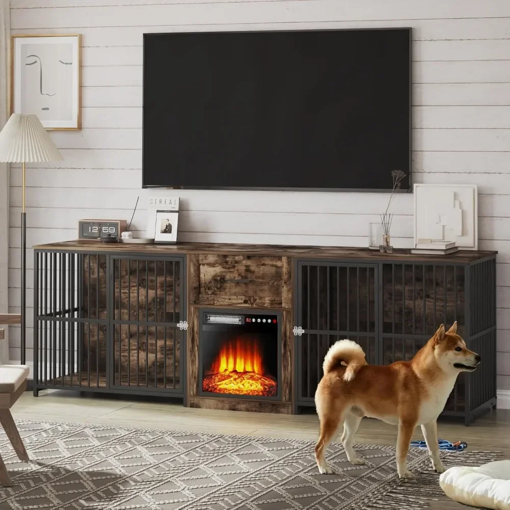 

94" Dog Crate Furniture for 2 Dogs, XXL Thick Wooden Dogs Crates TV Stand with 18" Electric Fireplace, Dog Crate