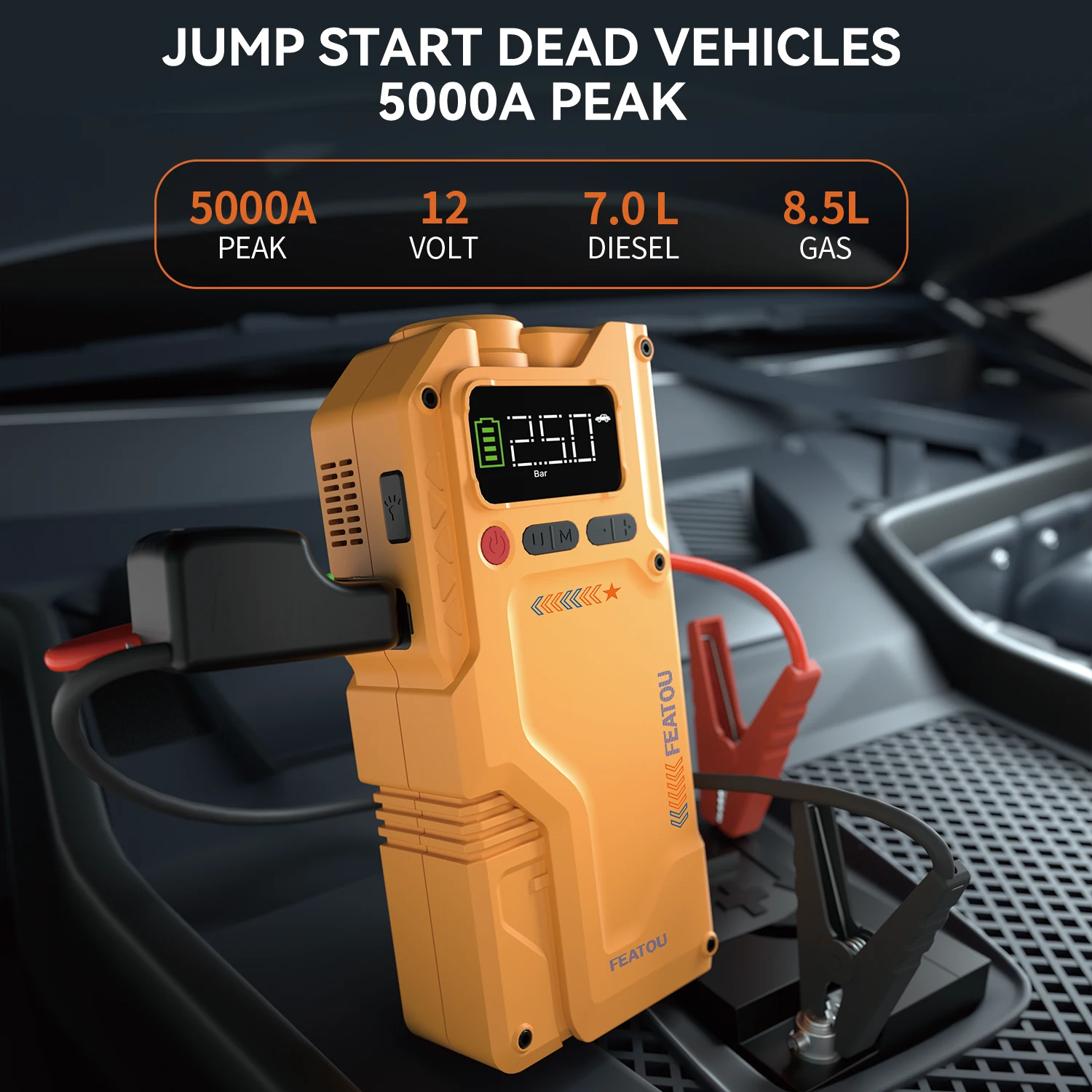 Portable Car Jump Starter with Inflator Function 5000A Peak Current 150PSI Digital Tire Pressure Gauge Emergency Power Supply