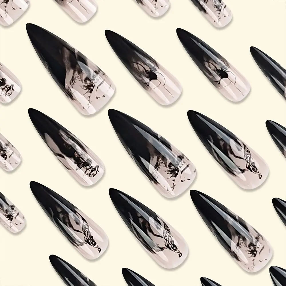 24/30개입 스파이스 글리터 인조 손톱 잉크 페인팅 금박 프렌치 프레스온 네일 꽃무늬 스머징 풀커버 네일 팁 여성용