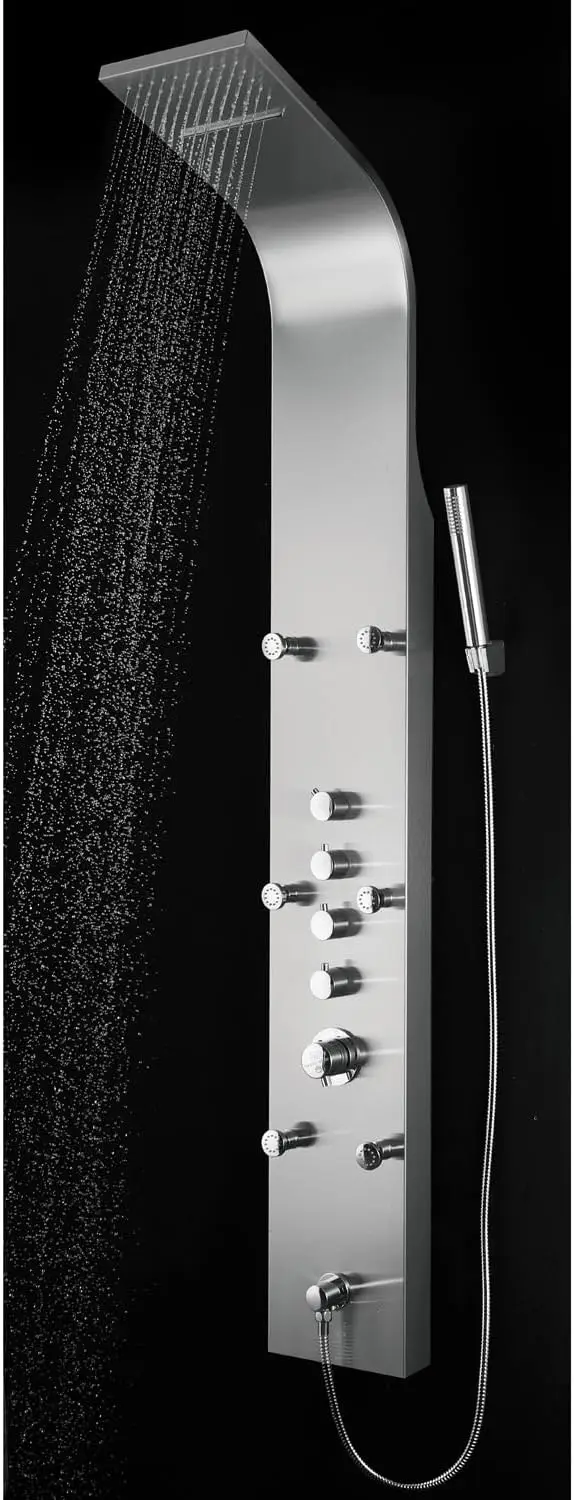 64.5” Stainless Steel SPS8879 Thermostatic Shower Panel with Rainfall Shower Head, Body Nozzles, and Handheld Shower Head