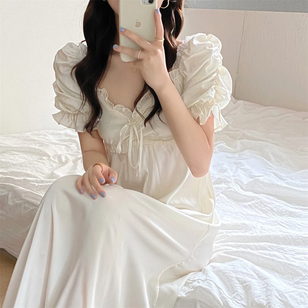 Court Style Nightgown 2023 New Women Long Nightdress Retro Elegant Sleepwear Loose Casual Silk Satin Home Dress Loungewear