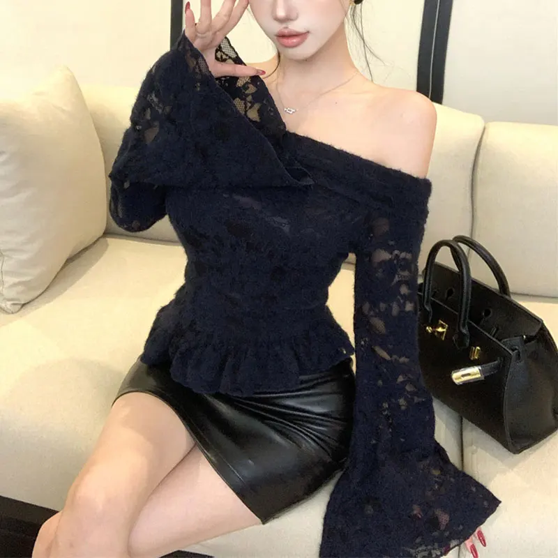 Vintage Lace Elegant Slash Neck Shirts Women's Clothing Solid Color Slim Autumn New Long Sleeve Fashion Spliced Hotsweet Blouse