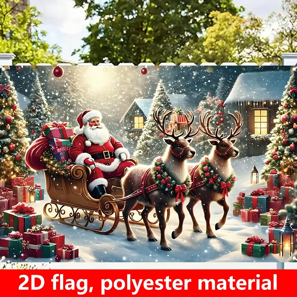 Santa Claus Sled Reindeer Winter Snow Scenery Christmas Gift Tree Holiday Party Home Tapestry Decoration with Fixed Clip