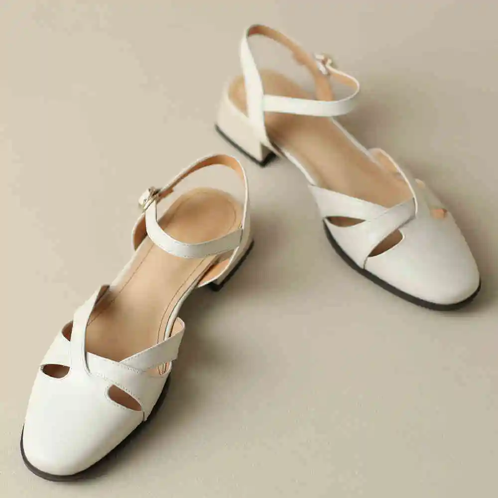 Women\'s sandals summer 2023 cow leather round toe ankle strap flats sandals british style hollow-out narrow band summer shoes