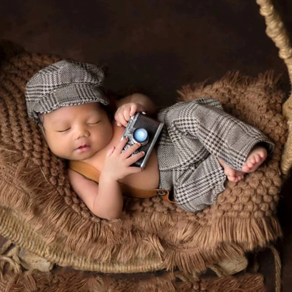 

Наряд для фотосъемки новорожденных, штаны и берет на подтяжках с узором «гусиные лапки», реквизит для фотосессии для младенцев, винтажный костюм для фотосъемки новорожденных