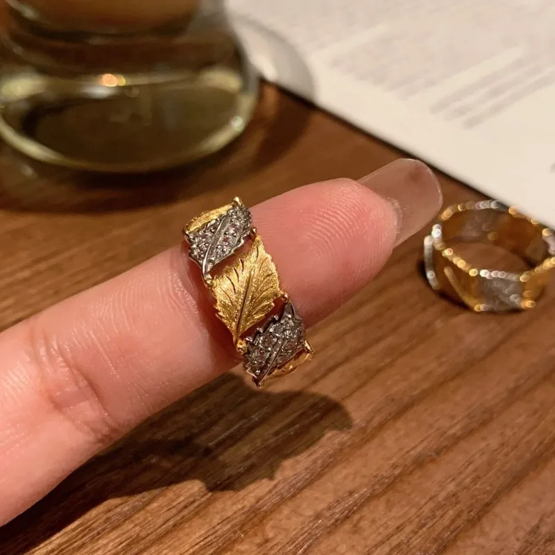 Fashion Original Leaf Design Crystal Adjustable Ring for Women Stainless Steel Knuckle Ring Bride Engagement Jewelry Accessories