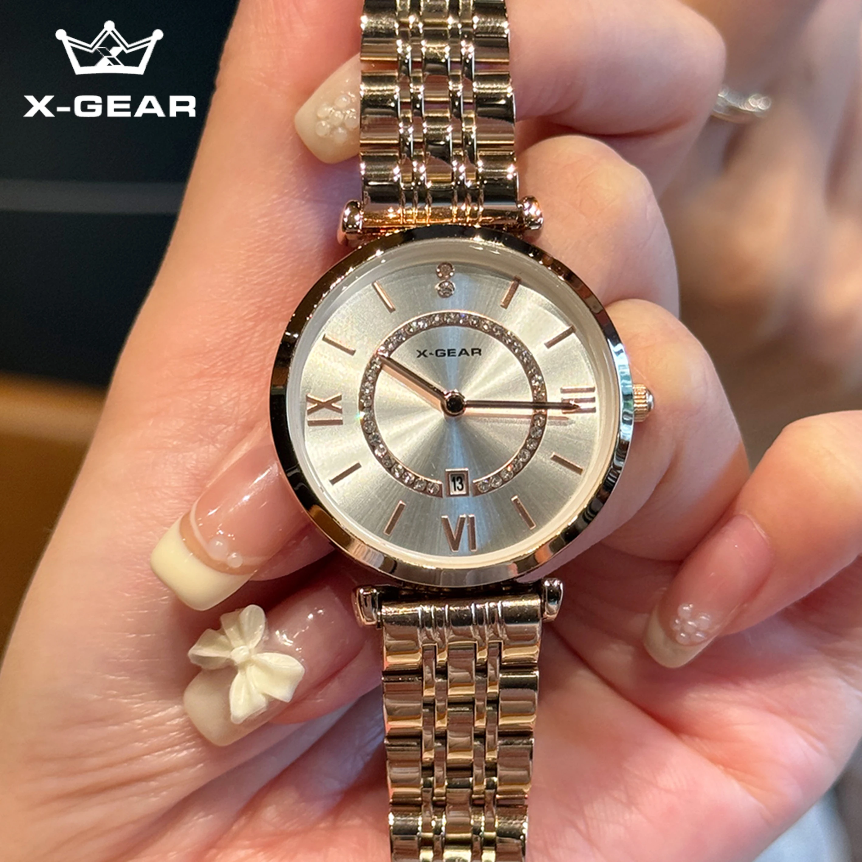 X-GEAR Luxury Crystal Steel Women's Watch Diamond Accent Quartz Wristwatch for Ladies Top Brand Quality Gift