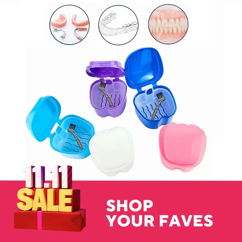 

2Pcs/Set Denture Storage Box Case denture Denture Bath Box With Strainer Denture Brush Set Cups Soaking Dentures Case
