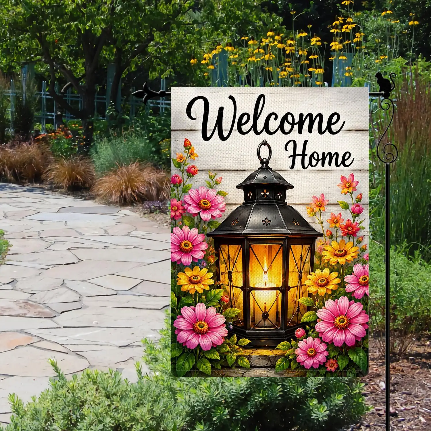 Welcome Home Lantern Flower Garden Flag, Double Sided 12 x 18 Inch Burlap Outdoor Yard Flag for Porch Patio Lawn Decor kkz