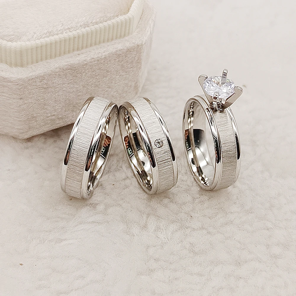 Western Designer Silver White Gold Color Titanium Jewelry Ring cz Diamond Lover's Wedding Engagement Ring Sets for Men and Women