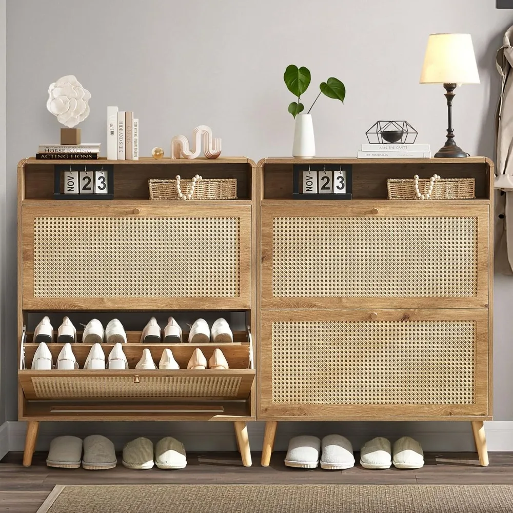 Rattan Shoe Cabinet with 2 Flip Drawers, 32 Pairs Narrow Shoe Storage Cabinet for Entryway Freestanding Hidden Shoe Rack